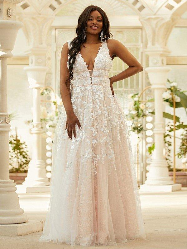 NumberSea-A-Line/Princess Tulle Applique V-Neck Sleeveless Floor-Length Dresses US 6 / UK 10 / EU 36
