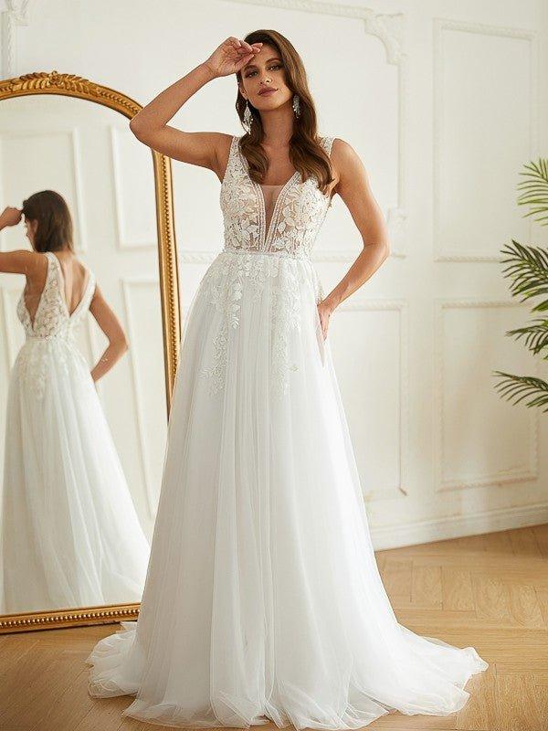 NumberSea-A-Line/Princess Tulle Applique V-neck Sleeveless Sweep/Brush Train Wedding Dresses