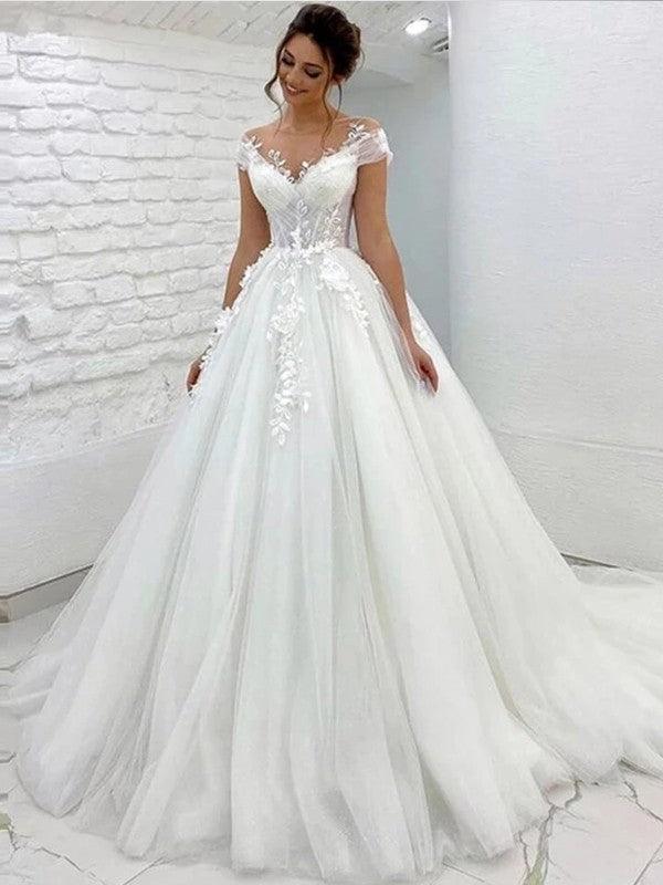NumberSea-A-Line/Princess Tulle Lace Scoop Short Sleeves Sweep/Brush Train Wedding  Dresses