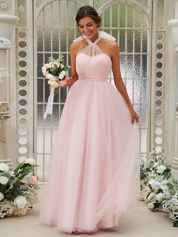 a line princess halter dress Lavetir A-Line/Princess Halter Sleeveless Floor-Length Bridesmaid Dresses with Ruched & Bowknot 2026