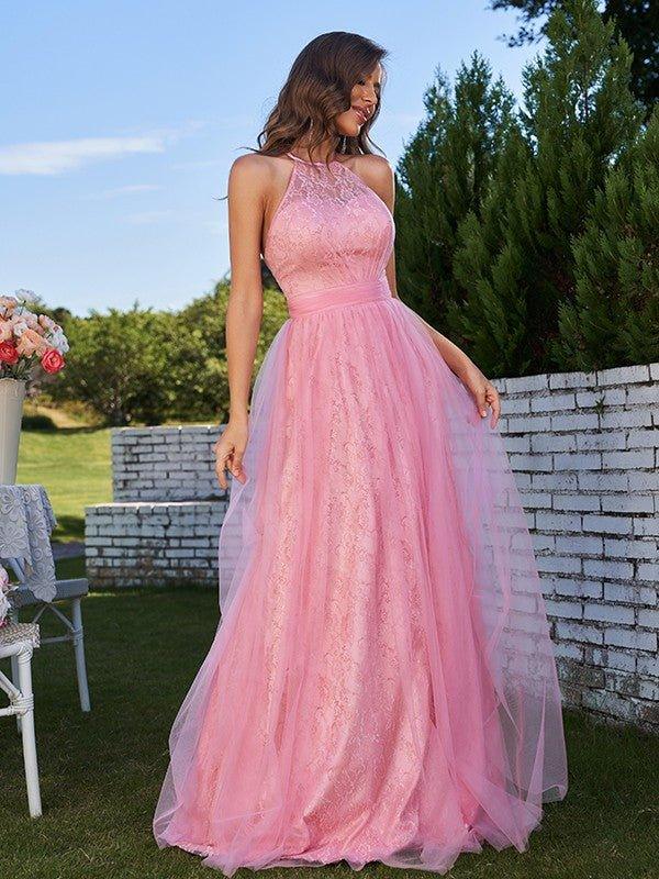 ruffled halter bridesmaid dress NumberSea-A-Line/Princess Tulle Ruffles Sleeveless Sweep/Brush Train Dresses San Antonio