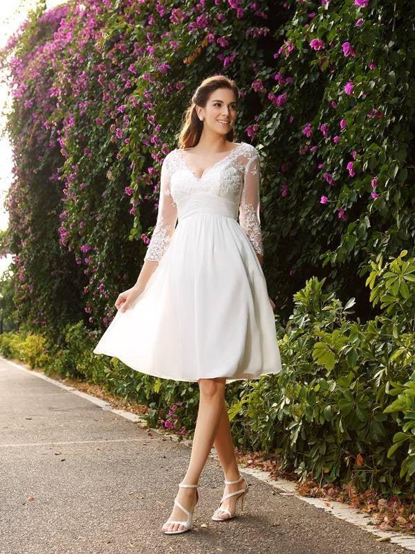 NumberSea-A-Line/Princess V-neck 3/4 Sleeves Short Chiffon Wedding Dresses