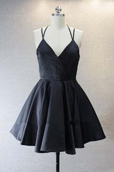 A Live V Neck Satin Short Black Prom Dress Homecoming Dresses