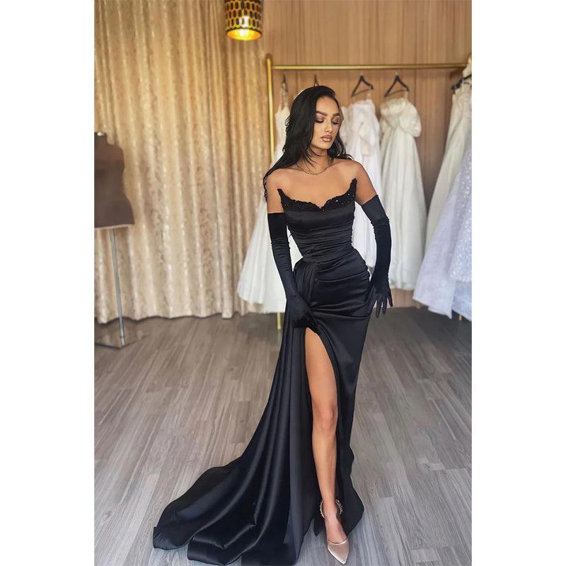 NumberSea-Sheath V-neck Satin Pleated Side Slit Black Long Prom Formal Dress