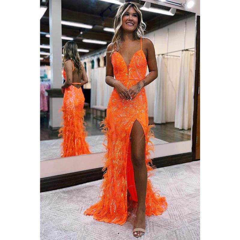 orange sparkly prom dress NumberSea-Plunging V-neck Sequins Appliques Feathers with Slit Mens Casual please give us the Delilah Mini Dress L Color:Patch Pixels