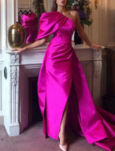 Meerjungfrau/Trompete Abendkleid Hot Pink Kleid Partykleid für Karneval Hofschleppe Ärmellos Ein Schulter Herbst Hochzeit Empfang Satin mit gerüschtem Schlitz
