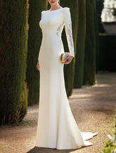 Hall Open Back Royal Style Formelle Herbst-Brautkleider Meerjungfrau / Trompete Rundhalsausschnitt Langarm Sweep / Brush Train Stretch-Stoff Brautkleider mit Volltonfarbe Sommerparty