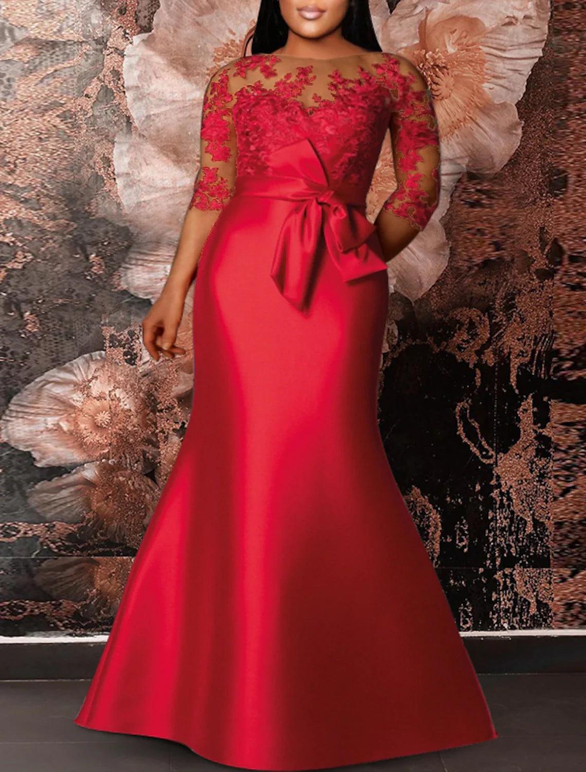 NumberSea-Mermaid / Trumpet Plus Size Curve Formal Dresses Plus Size Dress Formal Wedding Guest Floor Length Half Sleeve Jewel Neck Satin with
