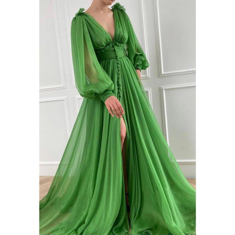 NumberSea-Attractive Deep V-neck Green Tulle Long Sleeves A-line Formal Evening Dress NumberSea-Attractive Deep V-neck Green Tulle Long Sleeves A-line Formal Evening Dress