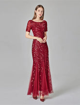 Meerjungfrau/Trompete Abendkleid Empire-Kleid Abschlussball Formeller Abend Bodenlang Kurzarm Rundhals Herbst Hochzeitsgast Tüll mit Stickerei