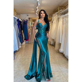 Ruched Sequined Lace Satin Sheath Long Prom Gown