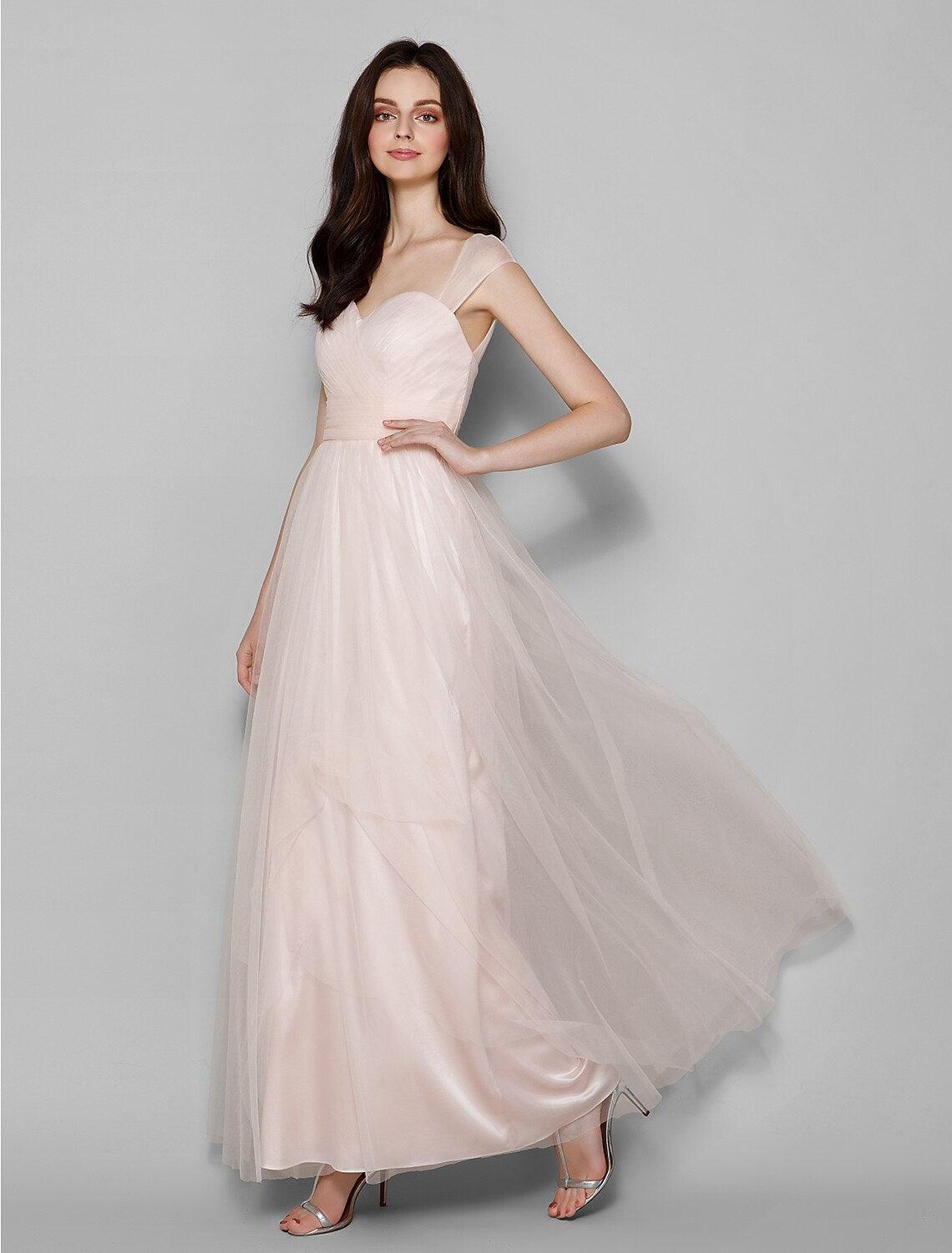 NumberSea-Sheath / Column Queen Anne Floor Length Tulle Bridesmaid Dress with Criss Cross