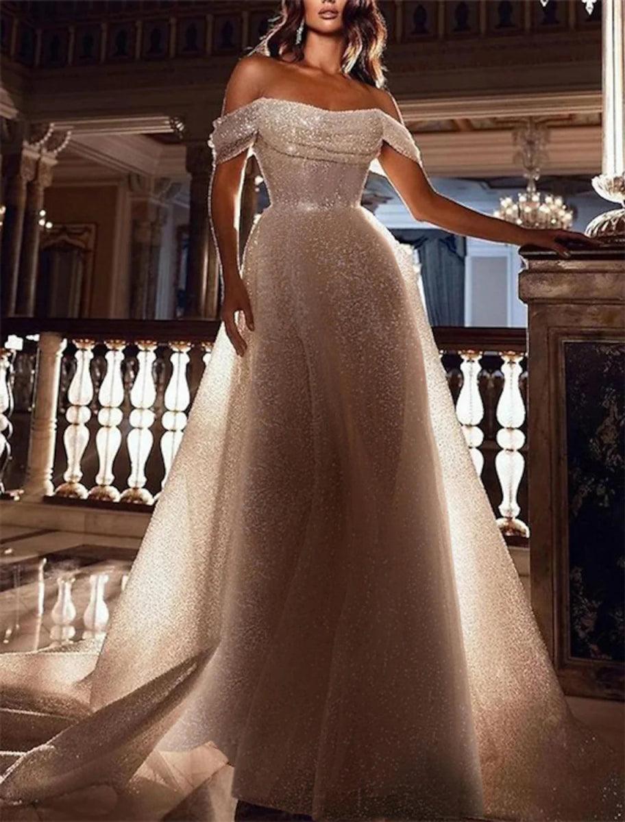 NumberSea-Bachelorette Party Sparkle & Shine Wedding Dresses A-Line Off Shoulder Cap Sleeve Court Train Sequined Bridal Gowns With Solid Color NumberSea-Bachelorette Party Sparkle & Shine Wedding Dresses A-Line Off Shoulder Cap Sleeve Court Train Sequined Bridal Gowns With Solid Color