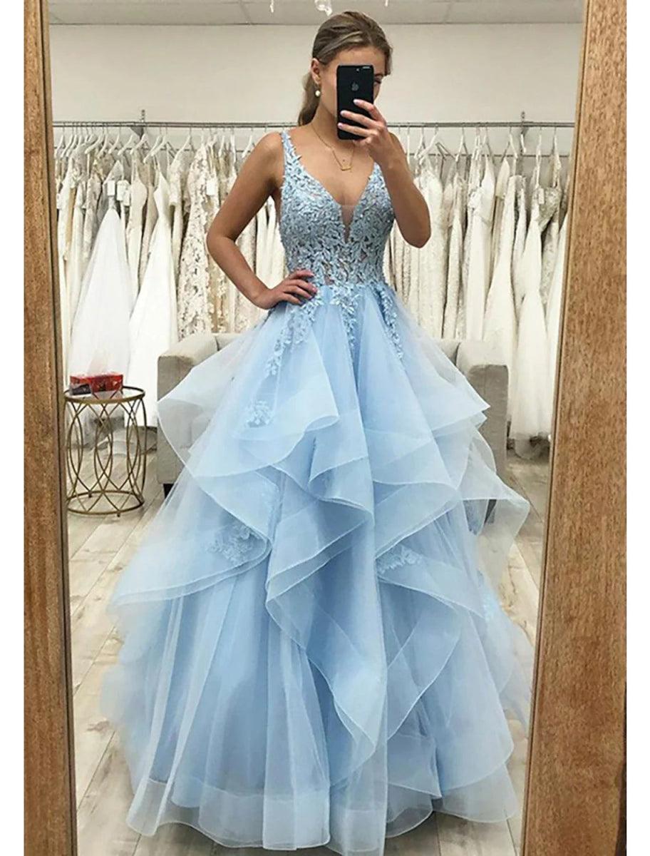 NumberSea-Ball Gown A-Line Prom Dresses Princess Dress Formal Wedding Guest Floor Length Sleeveless V Neck Tulle Backless with Pleats Ruched Appliques NumberSea-Ball Gown A-Line Prom Dresses Princess Dress Formal Wedding Guest Floor Length Sleeveless V Neck Tulle Backless with Pleats Ruched Appliques