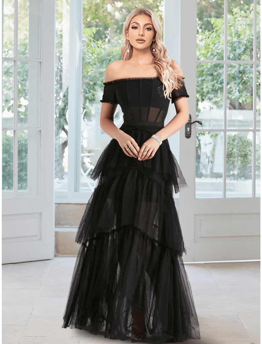 formal dresses for masquerade ball NumberSea-Ball Gown Prom Corsets Dress Floor Length Sleeveless Off Shoulder Tulle with Ruffles Pure Color Cummerbunds and Suspenders Set Roaring 20s 1920s otherwise it will not Skirt length:40