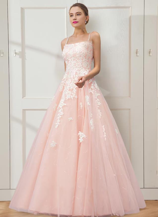 NumberSea-Ball Gown Prom Dresses Floral Dress Masquerade Floor Length Sleeveless Spaghetti Strap Tulle Crisscross Back with Embroidery As Picture