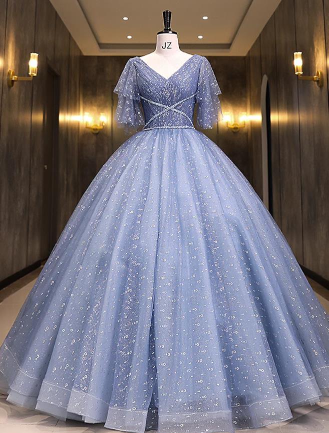 NumberSea-Ball Gown Quinceanera Dresses Princess Dress Performance Floor Length Short Sleeve V Neck Polyester with Sequin NumberSea-Ball Gown Quinceanera Dresses Princess Dress Performance Floor Length Short Sleeve V Neck Polyester with Sequin