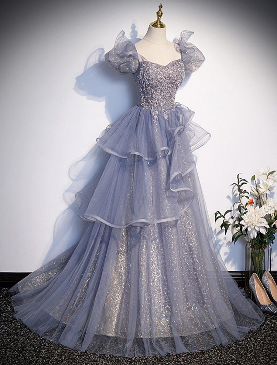 Ball Gown Quinceanera Dresses Princess Dress Performance Sweet 16 Floor Length Short Sleeve Square Neck Tulle with Crystals Ruffles, US 16Plus / UK 20 Ball Gown Quinceanera Dresses Princess Dress Performance Sweet 16 Floor Length Short Sleeve Square Neck Tulle with Crystals Ruffles, US 16Plus / UK 20