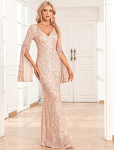 Meerjungfrau/Trompete Abendkleid Elegantes Kleid Abend Party Abschlussball Bodenlang Langarm V-Ausschnitt Herbst Hochzeitsempfang Pailletten mit Pailletten