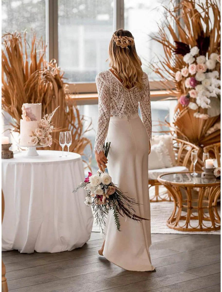 NumberSea-Beach Boho Wedding Dresses Two Piece V Neck Long Sleeve Asymmetrical Chiffon Bridal Gowns With Appliques Solid Color Summer Fall Wedding Party