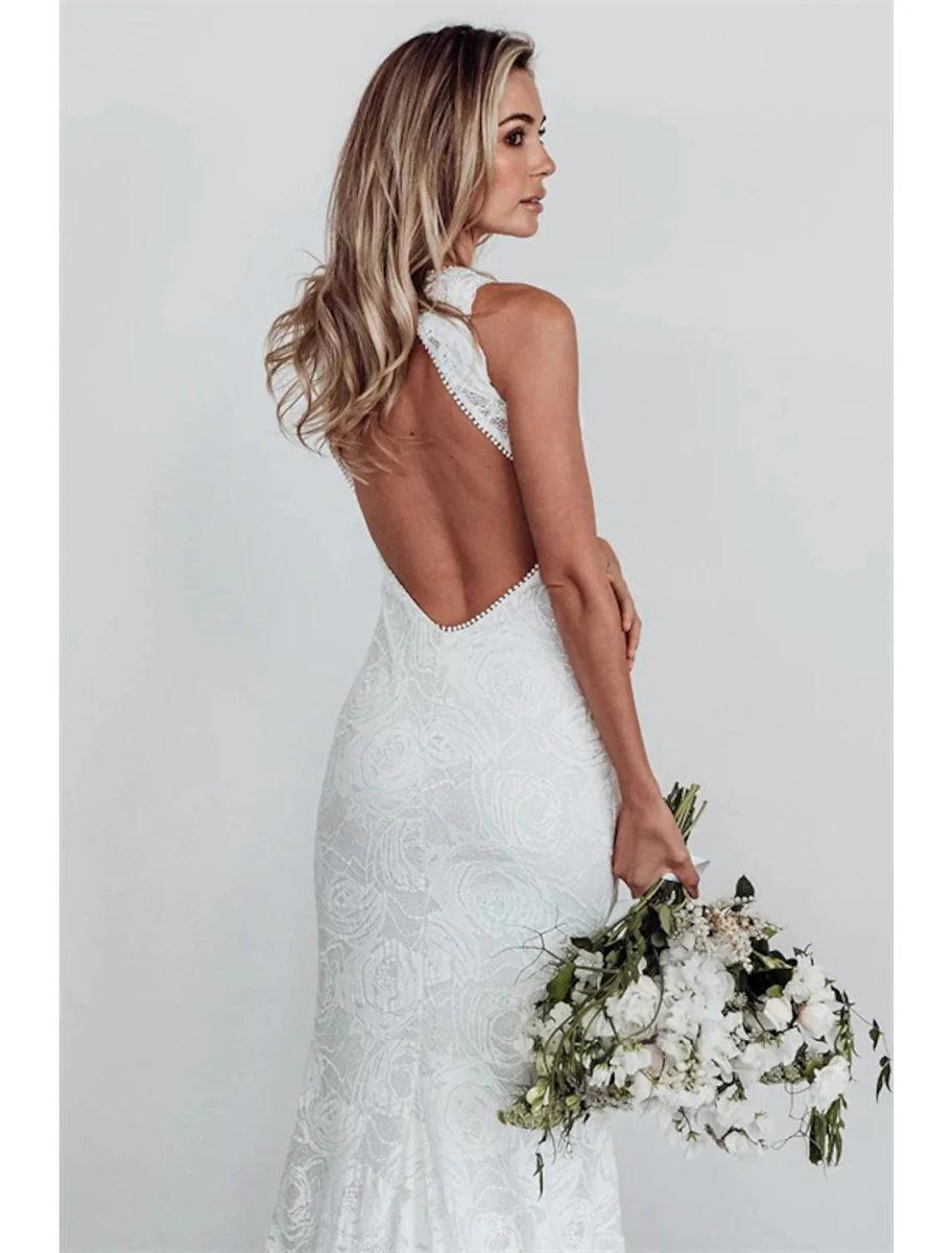 NumberSea-Beach Open Back Boho Wedding Dresses Mermaid / Trumpet Halter Sleeveless Chapel Train Lace Bridal Gowns With Appliques Solid Color Summer NumberSea-Beach Open Back Boho Wedding Dresses Mermaid / Trumpet Halter Sleeveless Chapel Train Lace Bridal Gowns With Appliques Solid Color Summer