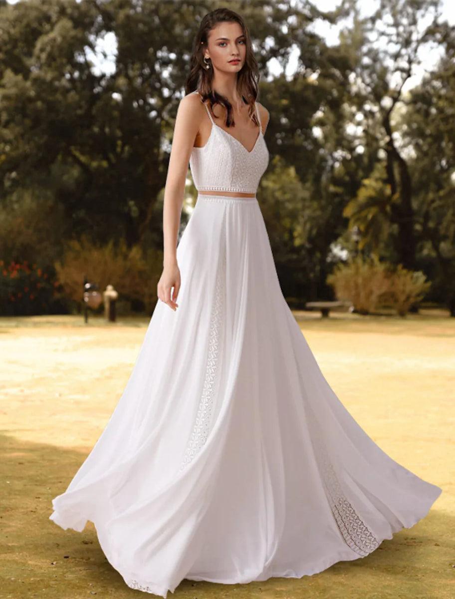 Beach Open Back Wedding Dresses Floor Length Two Piece Sleeveless Spaghetti Strap V Neck Chiffon With Appliques Solid Color Beach Open Back Wedding Dresses Floor Length Two Piece Sleeveless Spaghetti Strap V Neck Chiffon With Appliques Solid Color