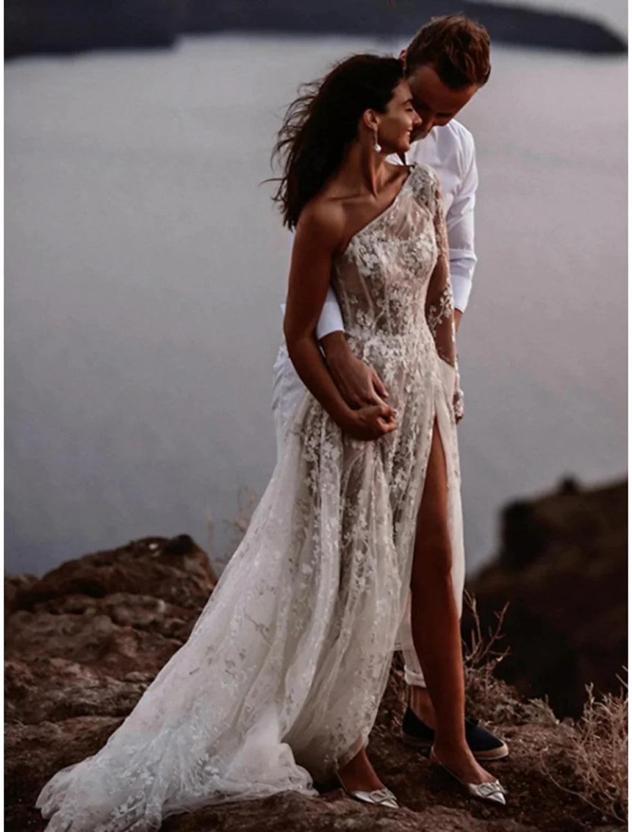 NumberSea-Beach Sexy Boho Wedding Dresses A-Line One Shoulder Long Sleeve Sweep / Brush Train Lace Bridal Gowns With Split Front White NumberSea-Beach Sexy Boho Wedding Dresses A-Line One Shoulder Long Sleeve Sweep / Brush Train Lace Bridal Gowns With Split Front White