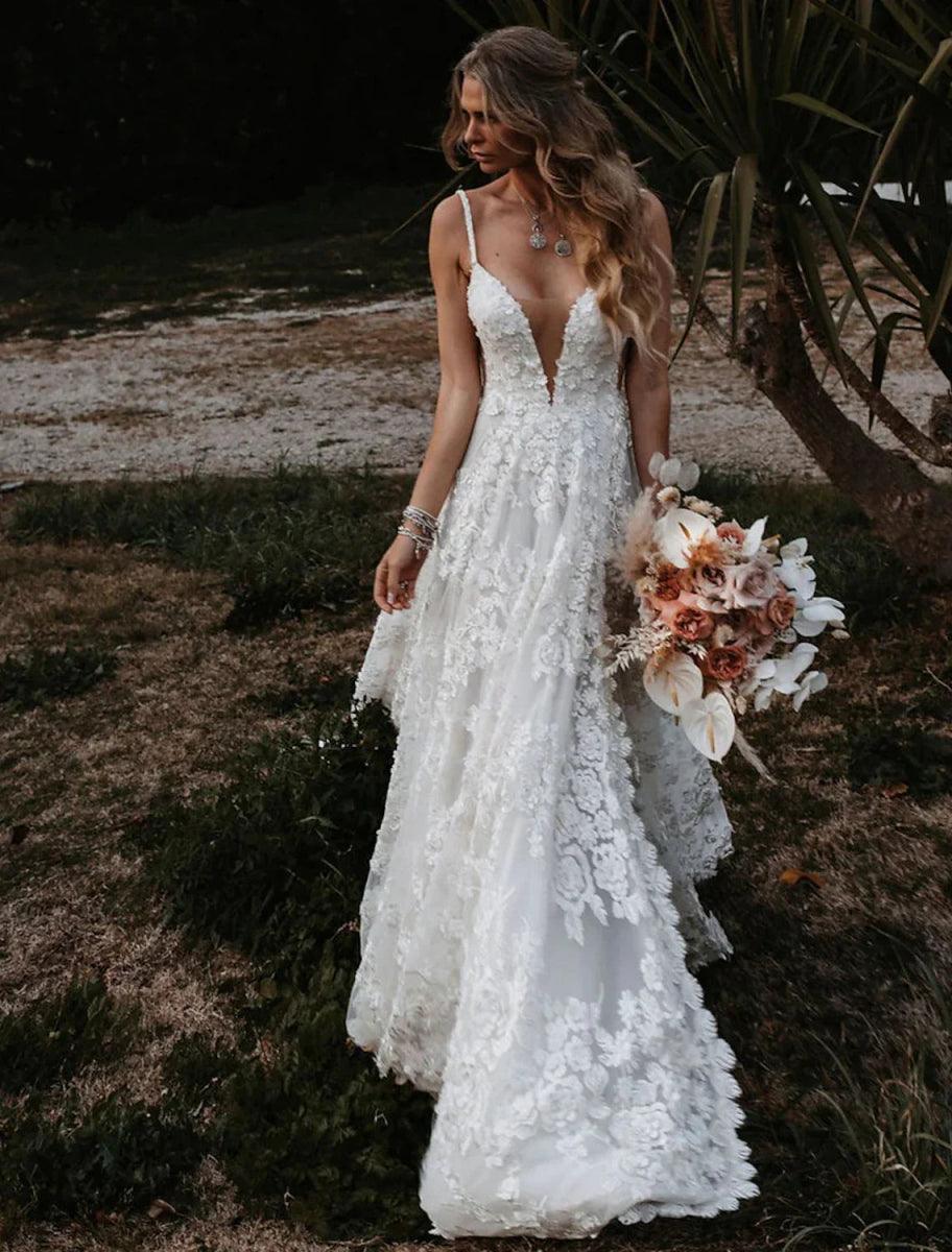 NumberSea-Beach Sexy Boho Wedding Dresses A-Line Sweetheart Camisole Spaghetti Strap Court Train Lace Outdoor Bridal Gowns With Appliques Split Front