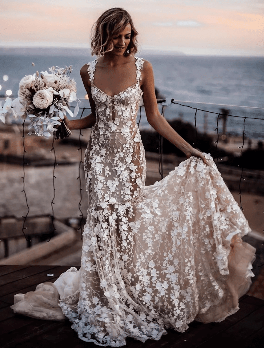 beach sexy wedding dress NumberSea-Beach Boho Dresses Court Train Sheath / Column Sleeveless V Neck Lace With Appliques within 15 days Size:US 24/UK 26/EU 54 4th of july dress Dusty Sage Bridesmaid Dresses