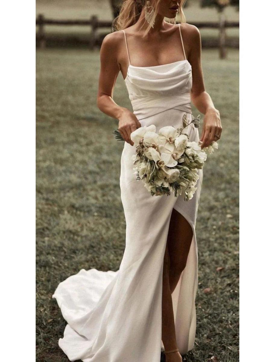 NumberSea-Beach Simple Column Square Spaghetti Strap Train Stretch Fabric Bridal Gowns With Ruched Split Front Wedding Dresses