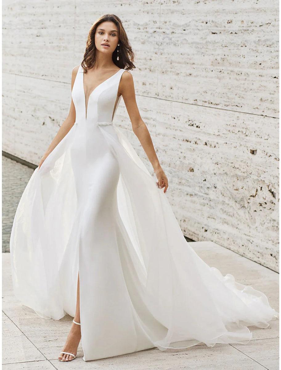 NumberSea-Beach Wedding Dresses Two Piece V Neck Sleeveless Court Train Satin Bridal Gowns With Pattern