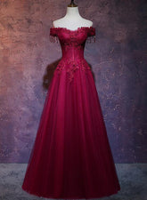NumberSea - Beautiful Wine Red Tulle Sweetheart Long Prom Dress, A - line Party Dress