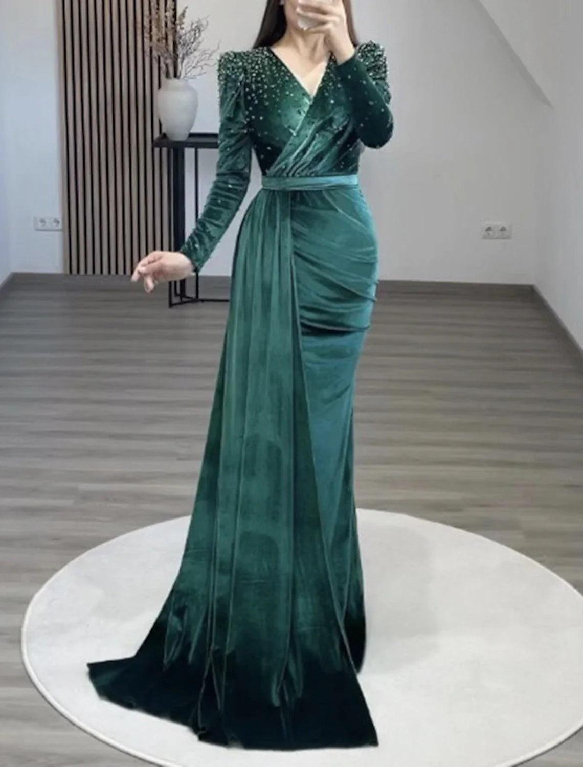 NumberSea-Mermaid Party Dress Evening Gown Maxi Dress Formal Black Tie Gala Floor Length Long Sleeve V Neck Fall Wedding Guest Velvet with Ruched Pearls