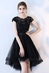 Black Lace Short Prom Dress Hight Low Evening Dress Homecoming Dresses