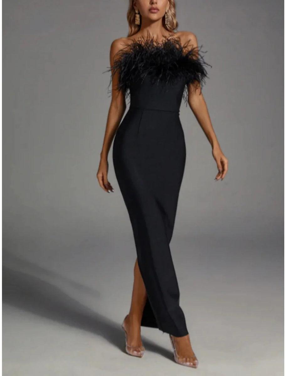 NumberSea-Black Sheath / Column Evening Gown Elegant Dress Formal Fall Ankle Length Sleeveless Strapless Stretch Fabric with Feather Slit