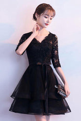 Black V Neck Lace Tulle Short Prom Dress Black Homecoming Dress