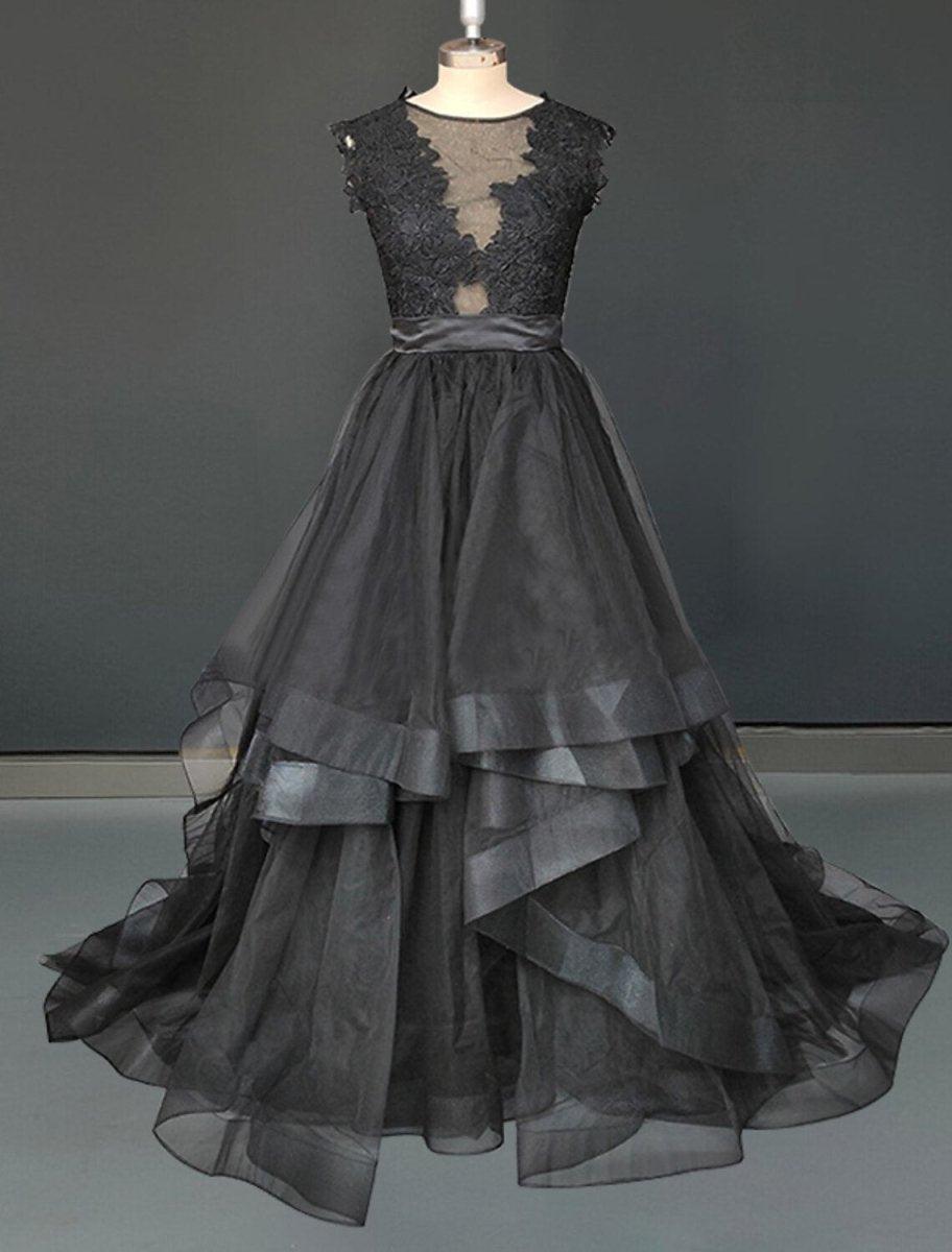 NumberSea-Black Wedding Dresses Formal Fall A-Line Illusion Neck Sleeveless Sweep / Brush Train Tulle Gothic Halloween Engagement Bridal Gowns With NumberSea-Black Wedding Dresses Formal Fall A-Line Illusion Neck Sleeveless Sweep / Brush Train Tulle Gothic Halloween Engagement Bridal Gowns With