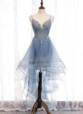 NumberSea - Blue High Low Tulle V - neckline Straps Party Dress with Lace, Cute Homecoming Dress