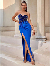 NumberSea - Blue Orange Green Blue A - Line Evening Gown Sparkle & Shine Dress Formal Floor Length Sleeveless Sweetheart Stretch Fabric with Glitter Sequin Slit Fall Wedding