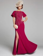 Meerjungfrau/Trompete Kleid für die Brautmutter, U-Boot-Ausschnitt, bodenlang, Chiffon, Spitze, kurze Ärmel, mit Spitze, Schlitz vorne