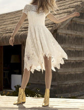 NumberSea - Bridal Shower Little White Dresses Boho Wedding Dresses A - Line Illusion Neck Cap Sleeve Knee Length Lace Bridal Gowns With Appliques Solid Color