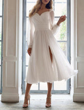 NumberSea - Bridal Shower Little White Dresses Fall Wedding Dresses A - Line Sweetheart Long Sleeve Tea Length Chiffon Bridal Gowns With Ruched Split Front