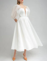 NumberSea - Bridal Shower Little White Dresses Wedding Dresses A - Line Off Shoulder Half Sleeve Tea Length Satin Bridal Gowns With Solid Color