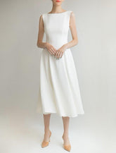 NumberSea - Bridal Shower Little White Dresses Wedding Dresses A - Line Scoop Neck Sleeveless Tea Length Satin Bridal Gowns With Solid Color