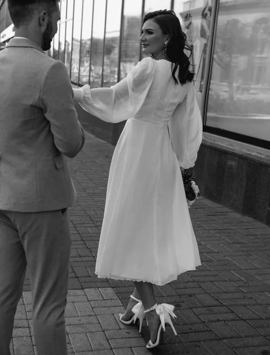 NumberSea-Bridal Shower Little White Dresses Wedding Dresses Ankle Length A-Line Long Sleeve V Neck Chiffon With Solid Color