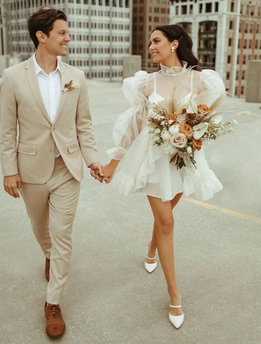 NumberSea-Bridal Shower Little White Dresses Wedding Dresses Short / Mini A-Line Long Sleeve High Neck Organza With Pick Up Skirt