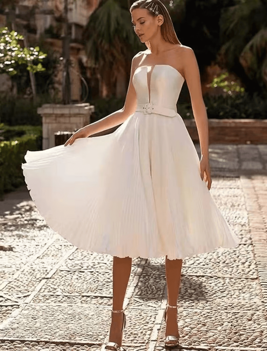 NumberSea-Bridal Shower Little White Dresses Wedding Dresses Tea Length  A-Line Sleeveless Strapless Satin With Sash / Ribbon Solid Color