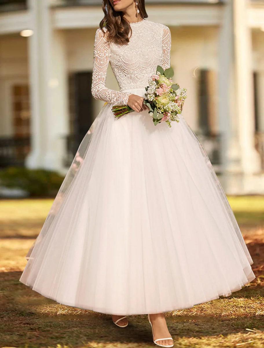 NumberSea-Bridal Shower Vintage 1940s / 1950s Little White Dresses Wedding Dresses Ball Gown Scoop Neck Long Sleeve Ankle Length Satin Bridal Gowns