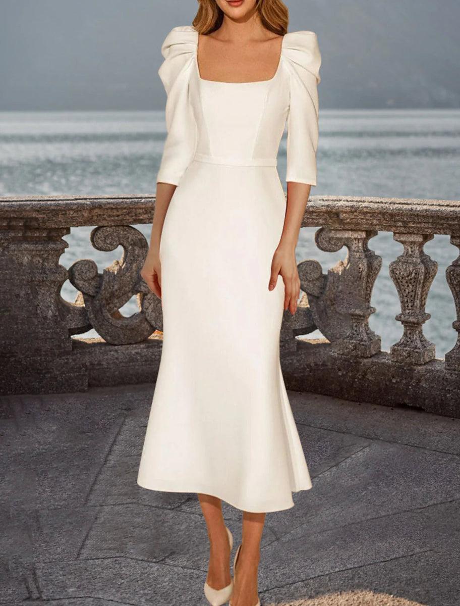 tiered boho maxi dress NumberSea-Bridal Shower Vintage Little White Dresses Fall Wedding Dresses  Sheath / Column Square Half Sleeve Tea Length Satin Bridal Gowns With Solid  Color