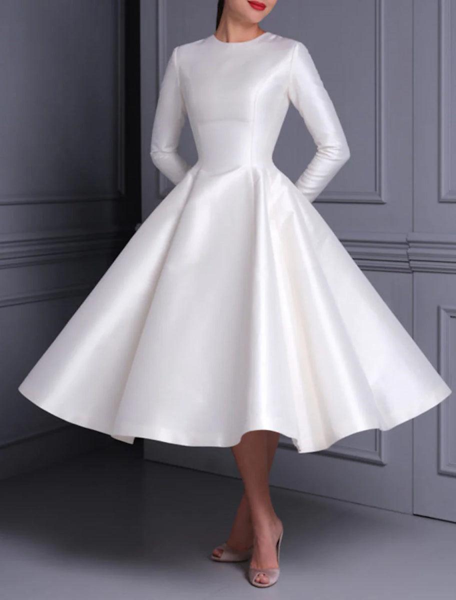 NumberSea-Bridal Shower Wedding Dresses Vintage 1940s / 1950s Little White Dresses A-Line Scoop Neck Long Sleeve Tea Length Satin Bridal Gowns With NumberSea-Bridal Shower Wedding Dresses Vintage 1940s / 1950s Little White Dresses A-Line Scoop Neck Long Sleeve Tea Length Satin Bridal Gowns With